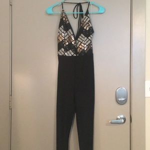 Fashion Nova Black and Gold Halter Jumpsuit